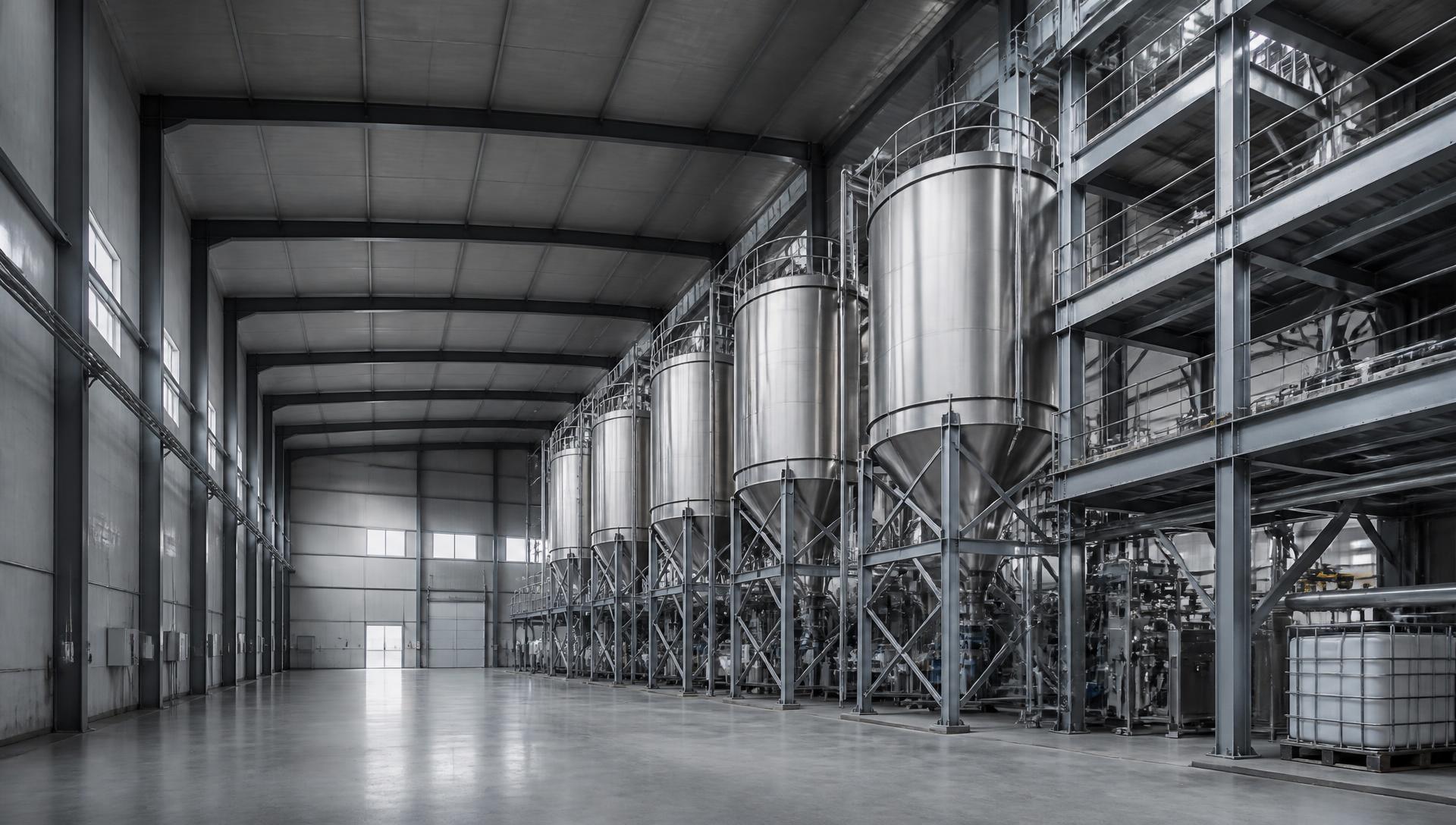 Xưởng sản xuất với hệ silo và kết cấu thép trong nhà máy
